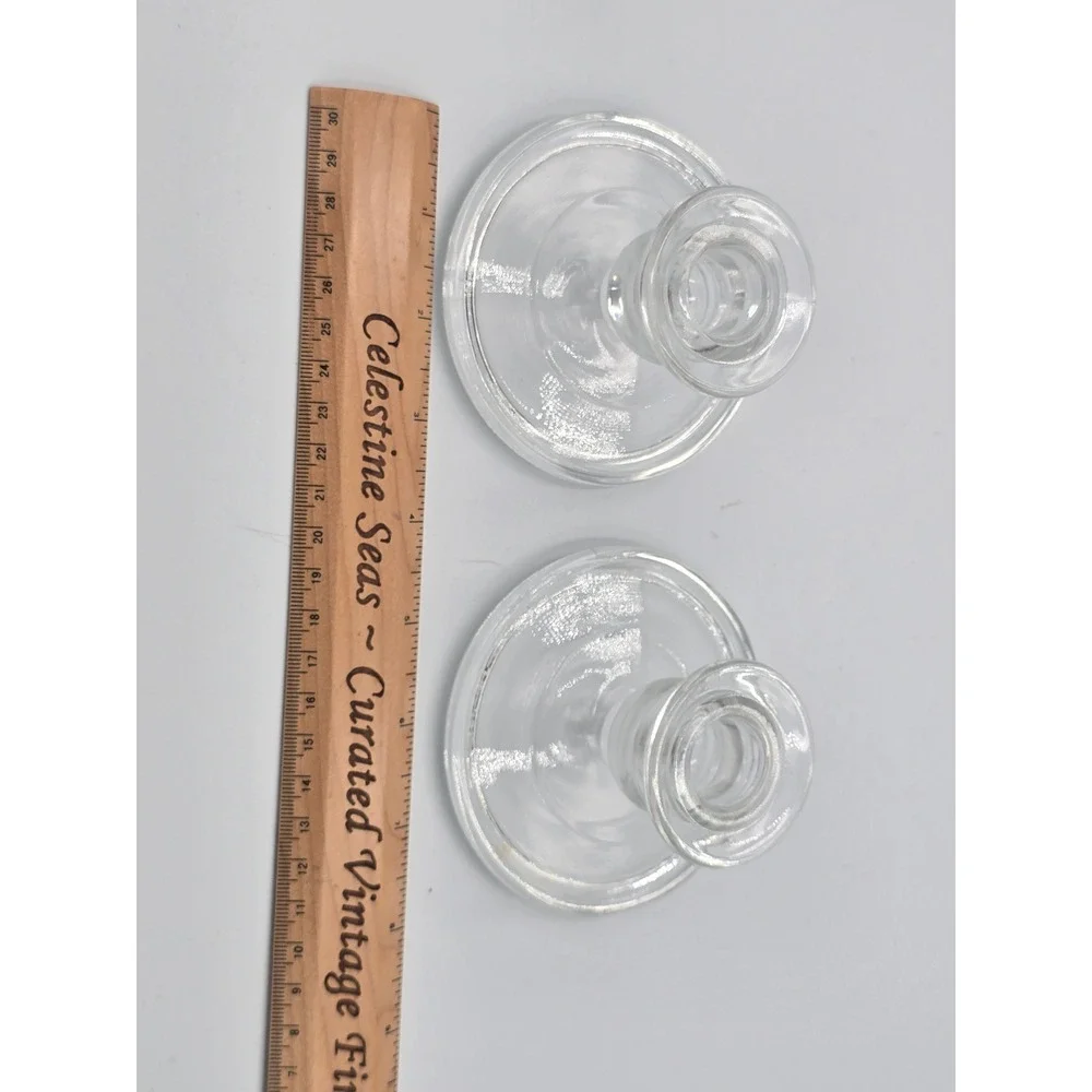 Vintage Clear Glass Taper Candlestick Holders Pair Low Profile Round Base 3.5in